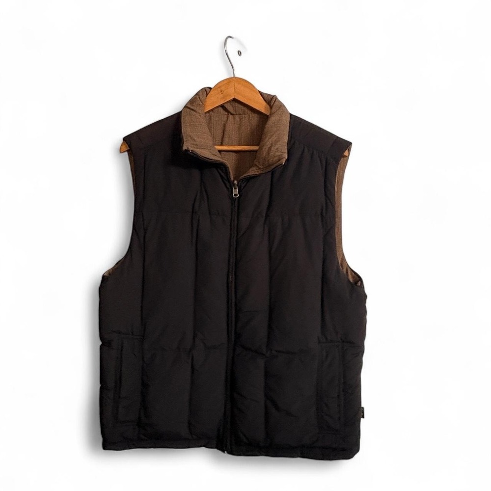 Eddie Bauer Mens Vest L Black Brown Reversible Goose Down Puffer Gorpcore Fall